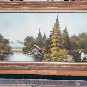 Vintage Antique Large Oil Painting Classic Mountain Landscape Lakehouse & Dog